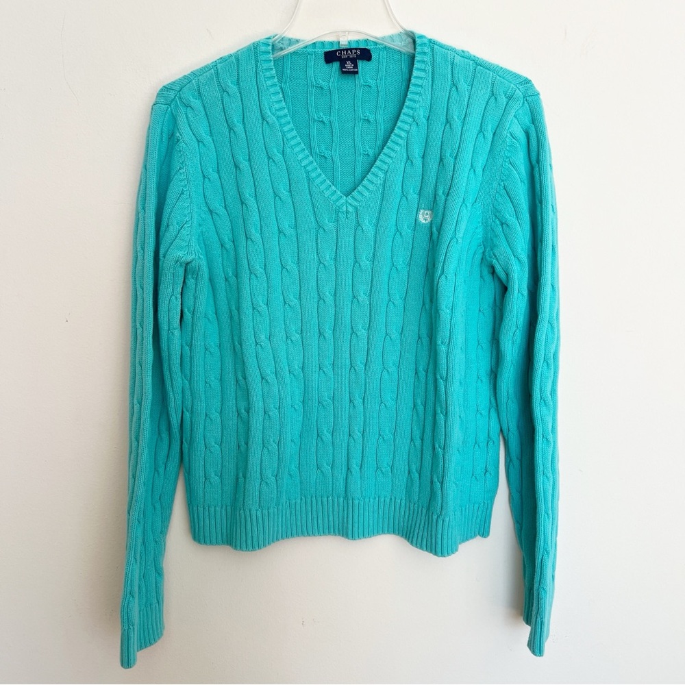 Chaps Sweater Womens Extra Large Teal Blue Green Cable Knit V Neck Preppy Tennis